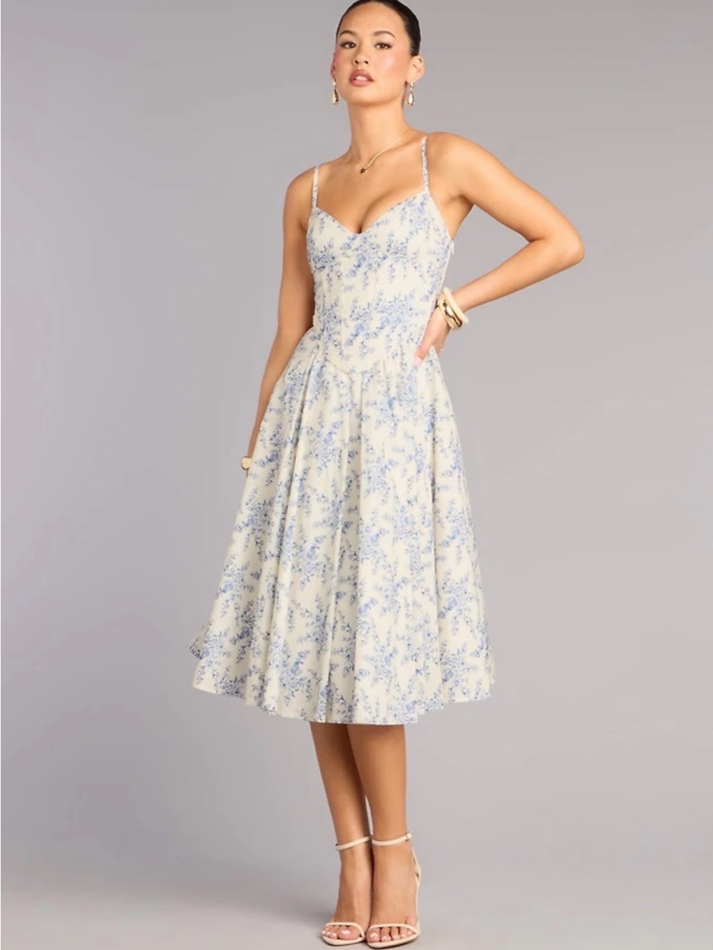 Windsor Cream Midi Dress with Blue Floral Print